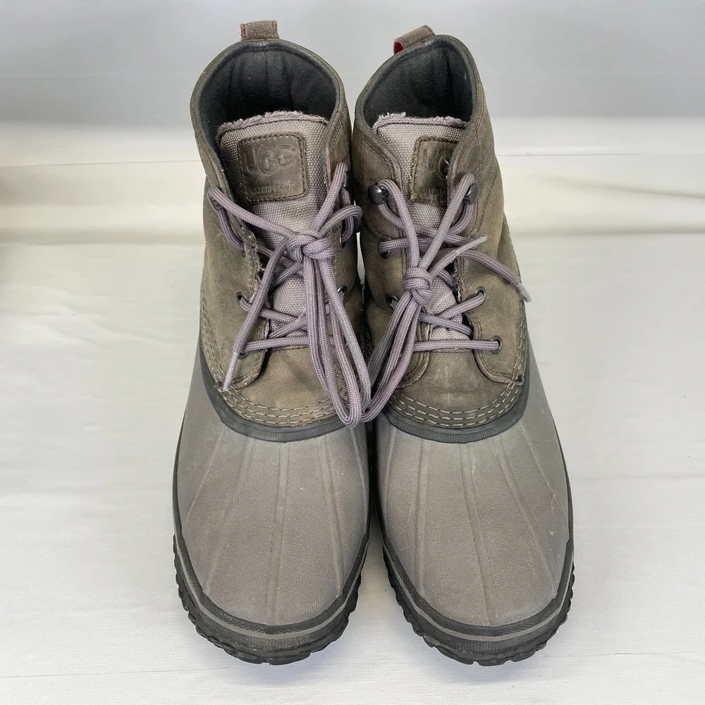 UGG Zetik Waterproof Duck Boots Mens Size 11 Brown Leather Gray Lace Up Shoes